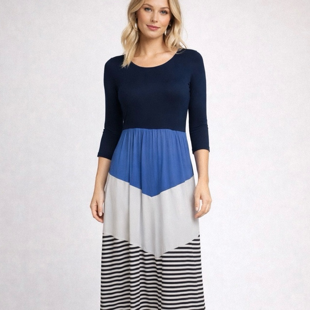 Women’s Colorblock Maxi Dress Blue Striped Boho 3/4 Sleeve Size L Casual